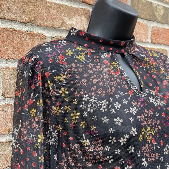 Dark Floral Fairy Grunge Whimsigoth Sheer Blouse Mock Neck Layering Tee medium - Picture 4 of 12